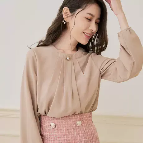 桔熊春秋季通勤纯色雪纺衫圆领珍珠扣公主袖上衣女装大码AB17949图片