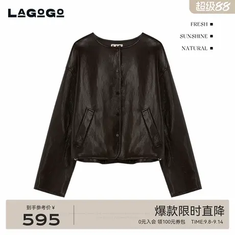 LAGOGO巴恩风落肩气质PU皮外套女拉谷谷2025秋新款上衣OCRR138D46商品大图