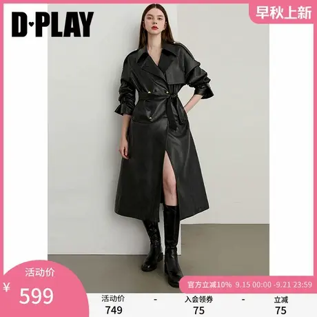 DPLAY2025年秋季新款黑色皮衣外套女时尚洋气休闲长款风衣大衣商品大图