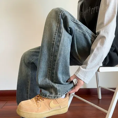 唐狮秋季新款男牛仔长裤宽松松紧腰美式高街复古百搭休闲风TMTA图片