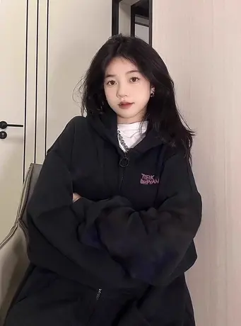 美式复古加绒开衫卫衣女秋冬加厚小个子宽松慵懒风高级感连帽外套商品大图