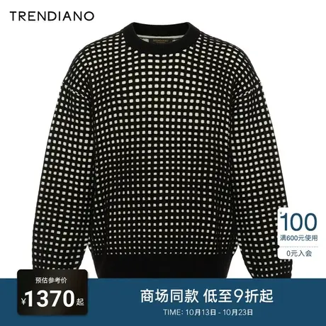 TRENDIANO经典系列撞色编织绵羊毛圆领宽松毛织衫男2023新款冬季图片