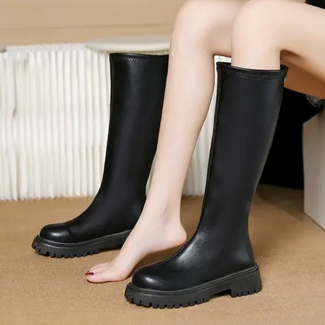 网红粗跟厚底显瘦长筒靴女2023年秋冬新款小个子不过膝高筒骑士靴商品大图