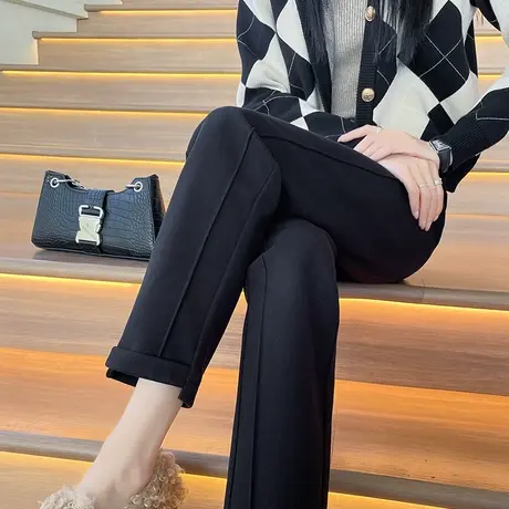 黑色烟管裤女2023新款高腰宽松小个子哈伦西装直筒秋冬九分毛呢裤图片
