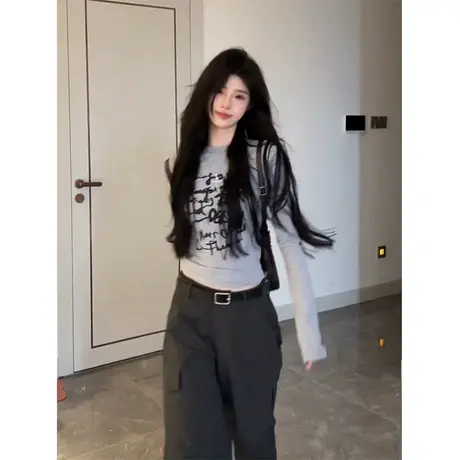 2023新款美式辣妹长袖t恤冷淡系独特别致上衣春秋季打底衫女内搭商品大图