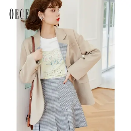 Oece气质小西装外套2022春季新款女装复古格纹设计感小众西服春秋图片