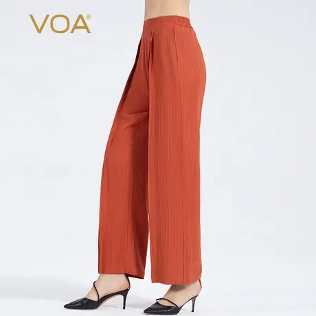 VOA重磅真丝无界41姆米条纹棕红自然腰侧插口袋简约休闲直筒裤女商品大图