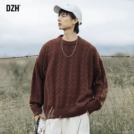 男士套头复古毛衣男冬季慵懒风宽松咖色上衣打底针织内搭2023新款商品大图