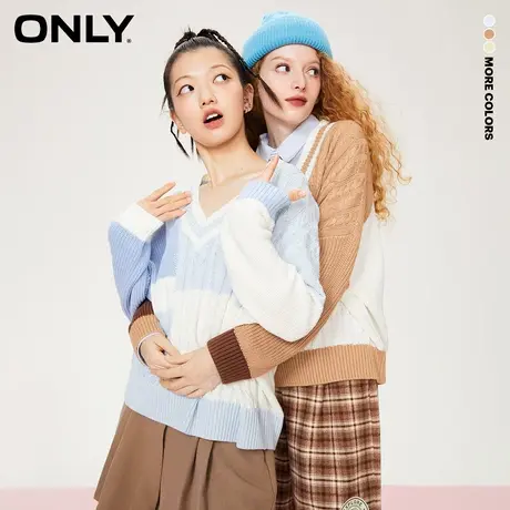 【买4免1】ONLY奥莱冬季新品休闲时尚V领撞色长袖宽松针织衫女商品大图