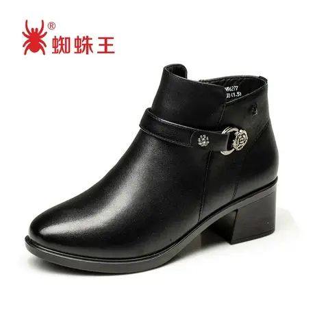 蜘蛛王清仓短靴女黑色加绒休闲软真皮侧拉链马丁靴图片
