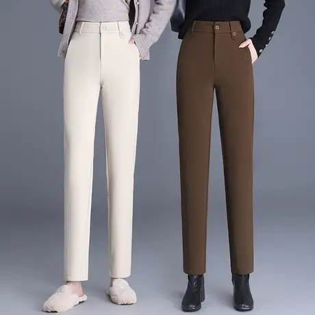 西装毛呢裤女秋冬新款高腰显瘦加大码哈伦裤宽松遮胯中老年烟管裤图片