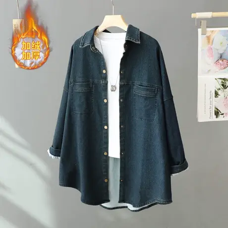 2023秋冬新款中长款加绒加厚牛仔衬衫女宽松大码休闲外套上衣女装商品大图