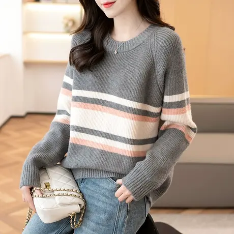 2023秋冬新款韩版宽松圆领条纹长袖针织衫女士百搭套头打底衫毛衣商品大图