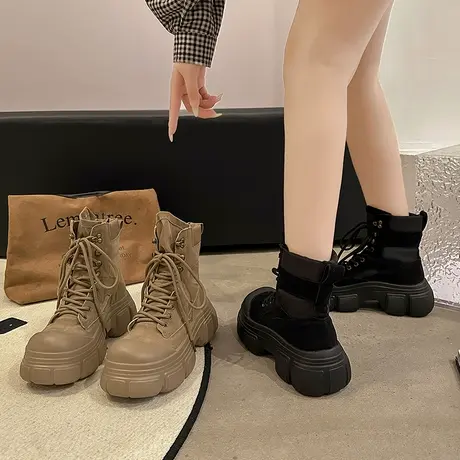 马丁靴女款2023秋冬新款英伦风加绒靴子女小个子厚底配裙子短靴女商品大图