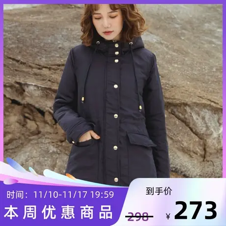 桔熊秋冬季纯色夹棉收腰工装外套防风中长款连帽棉服女大码EA2902图片