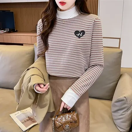 德绒半高领长袖t恤女秋冬季修身加绒加厚保暖内搭条纹打底衫上衣图片