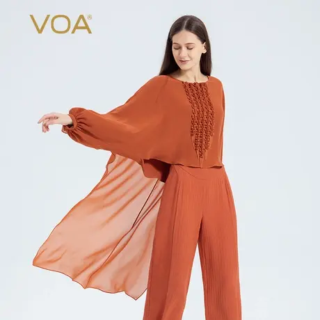 VOA40姆米重磅真丝砖红色圆领蝙蝠袖木耳花装饰披肩式设计宽松T恤图片