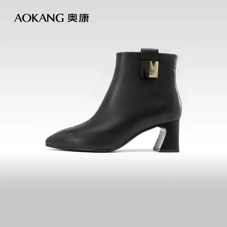 奥康女鞋 冬季新款真皮加绒尖头法式及踝靴时尚侧拉链时装靴商品大图