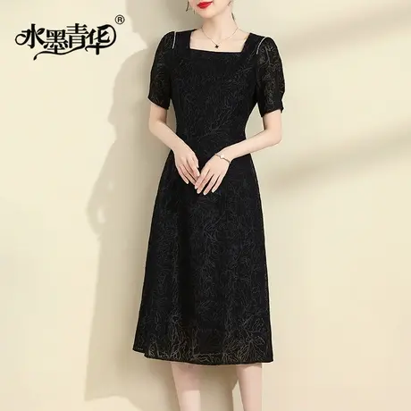 水墨青华2024夏季新款百搭显瘦小黑裙时尚中长款短袖连衣裙女商品大图