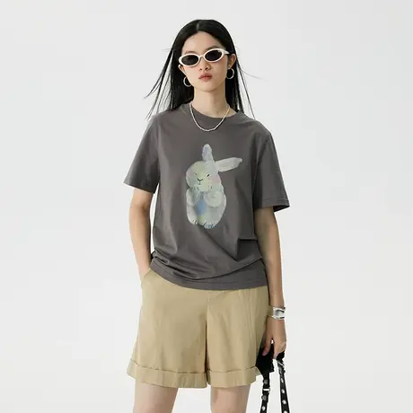 omont蛋挞家 兔子印花T恤女夏季年新款复古宽松显瘦短袖上衣商品大图
