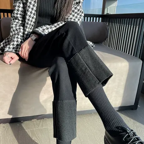 加绒牛仔裤女直筒宽松春秋季高腰黑色显瘦九分卷翻边拼接烟管裤子商品大图