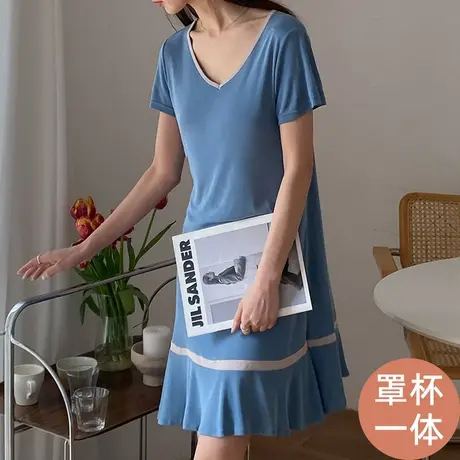 睡裙女夏季薄款纯色V领套头可外穿女士睡衣宽松透气带胸垫家居服商品大图