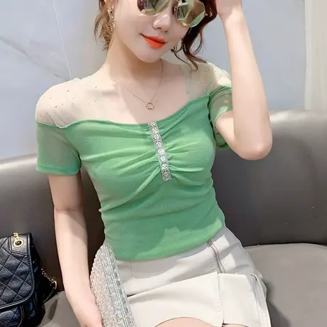 性感镂空T恤女短袖夏装2023新款设计感烫钻上衣洋气百搭网纱小衫商品大图