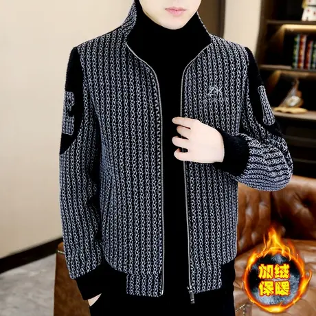 加绒加厚毛呢外套男士秋冬季潮流短款大衣加绒加厚金貂绒立领夹克图片