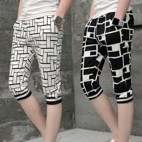 夏季韩版潮流休闲七分裤男士百搭格子印花7分裤修身小脚运动短裤商品大图