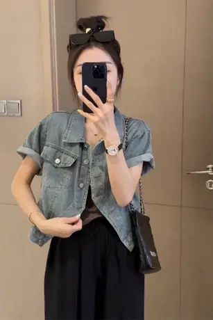 短款薄款短袖牛仔衬衫外套女2023夏季新款小个子爆款休闲小众上衣商品大图