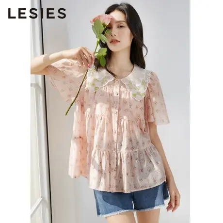 蓝色倾情夏女装新款时尚碎花娃娃领吊带雪纺短袖小衫两件套图片