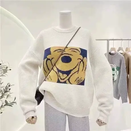慵懒风加厚毛衣女宽松外穿秋冬新款圆领卡通提花针织打底衫上衣潮图片