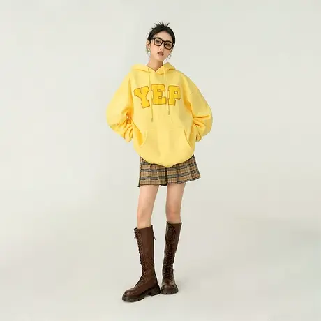 yep植绒发泡印花黄色连帽卫衣女春秋上衣ins潮牌宽松加厚女款外套商品大图