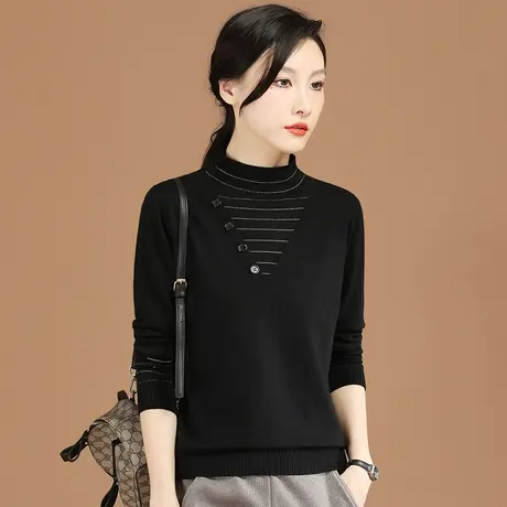 韩潮袭人半高领套头毛衣女2023年新款冬季加厚复古条纹打底针织衫商品大图