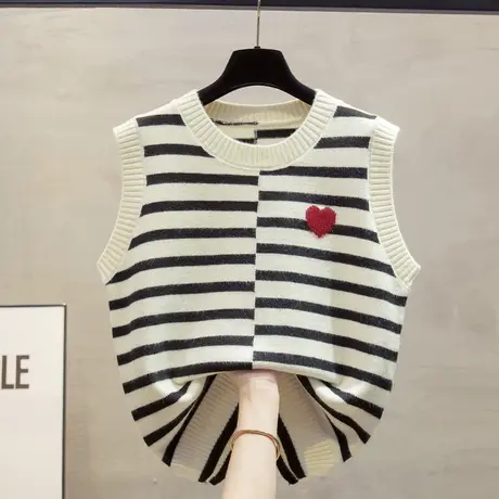 圆领开叉条纹针织马甲背心女2023秋装新款宽松外穿马夹毛衣坎肩潮商品大图