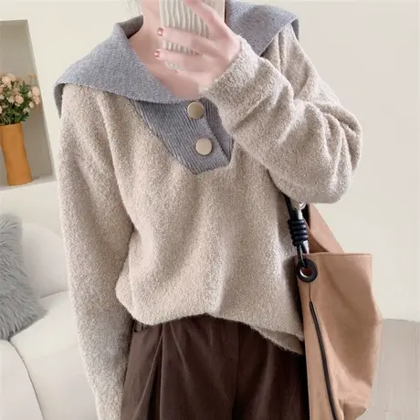 学院风海军领套头毛衣女秋冬2023新款宽松日系复古加厚针织衫上衣图片