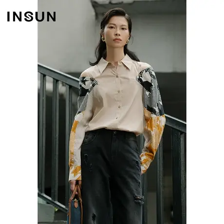 INSUN恩裳夏季印花拼接袖千鸟格衬衫图片