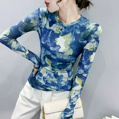 女装2024新款潮网纱圆领T恤女长袖设计感小众印花上衣内搭打底衫商品大图