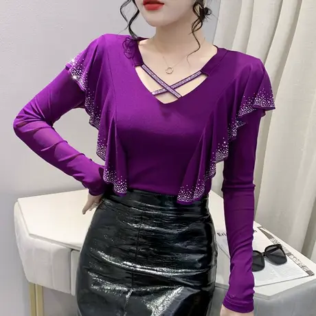 欧货荷叶边网纱上衣女烫钻性感镂空V领T恤长袖紧身内搭打底衫春秋商品大图