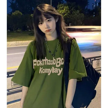 爆款港味复古军绿色短袖t恤女设计感宽松oversize半袖情侣上衣ins商品大图