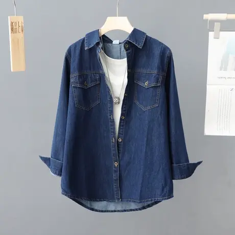 深蓝复古衬衣港风软牛仔衬衫女叠穿春秋2024年春装新款小个子上衣商品大图