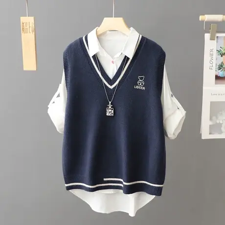 学院风V领针织马甲女秋冬外套日系外搭叠穿背心坎肩无袖毛衣马夹图片