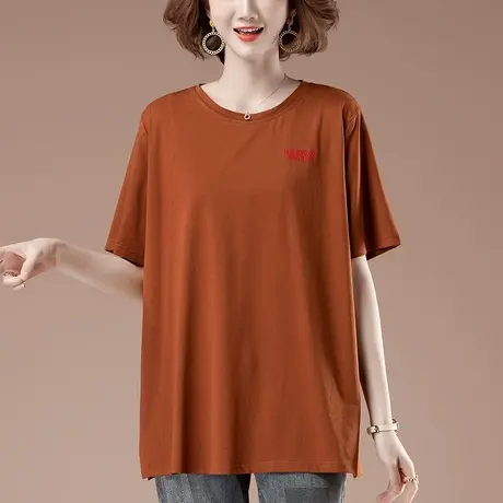 短袖t恤女夏季加肥加大码女装宽松中年胖妈妈纯棉中长款显瘦体恤商品大图