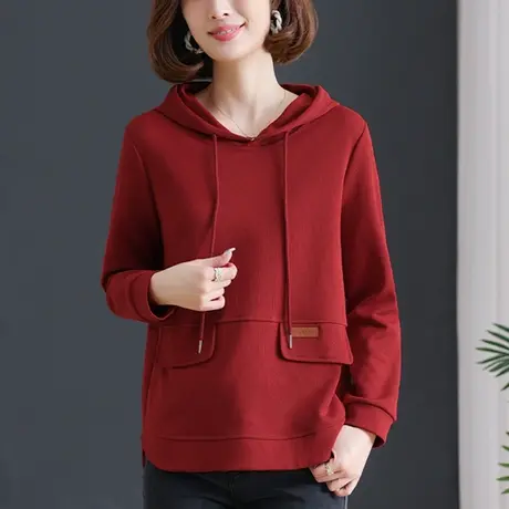妈妈带帽长袖卫衣女春秋季宽松加大码女装中老年休闲遮肚显瘦外套图片