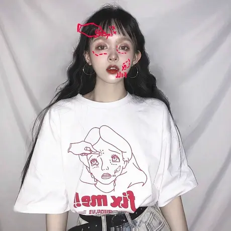 ins短袖t恤女2024新款夏装韩版学生帅气街头酷hiphop白色上衣服潮图片