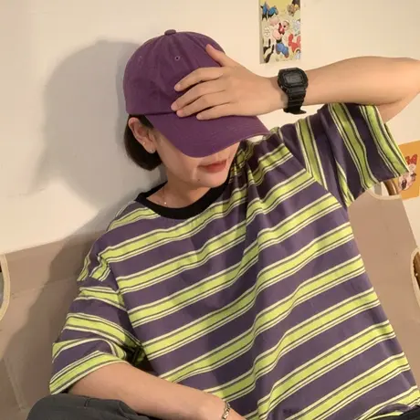 红续圆领条纹短袖t恤女夏季薄款2023年新款港风休闲复古宽松上衣商品大图