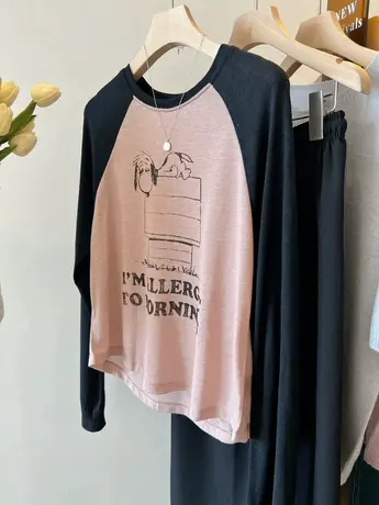 主打一个舒服！呆萌狗狗复古插肩袖韩版宽松圆领长袖T恤女秋上衣商品大图