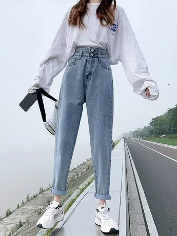 2023年春秋季新款牛仔裤女显瘦宽松直筒烟管高腰大码胖MM老爹裤子图片
