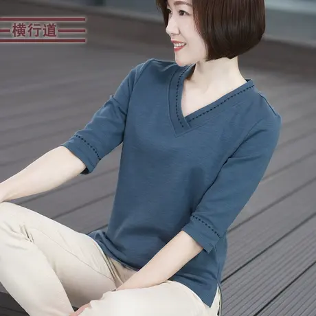 春装新款大码女装v领七分袖打底衫刺绣宽松上衣t恤半截袖中袖体恤商品大图