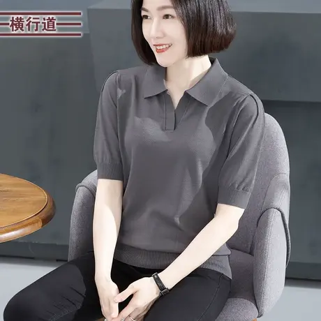 2024夏季新款翻领宽松中年妈妈针织衫短袖女休闲简约大码上衣半袖商品大图